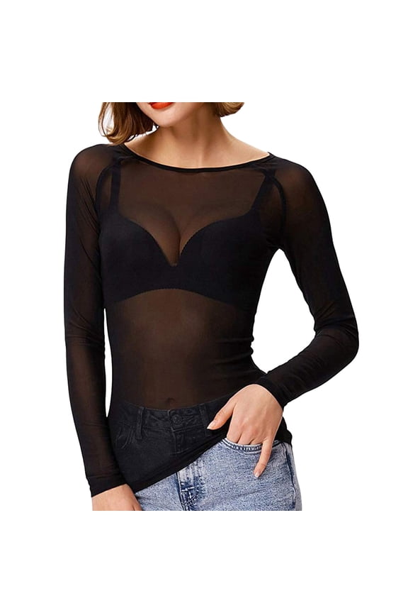 Women's Sheer Mesh Long Sleeve Top Slim Fit Layering Wear Daily Casual Blouse