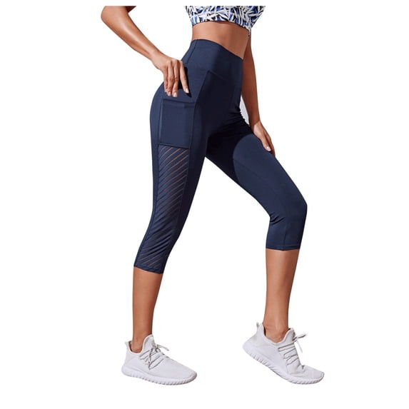 XIAOCHA Women's Side Pocket Mesh Panel Capri Leggings High Waisted Capri Elastic Waist Yoga Pants Stretchy Athletic Gym Leggings