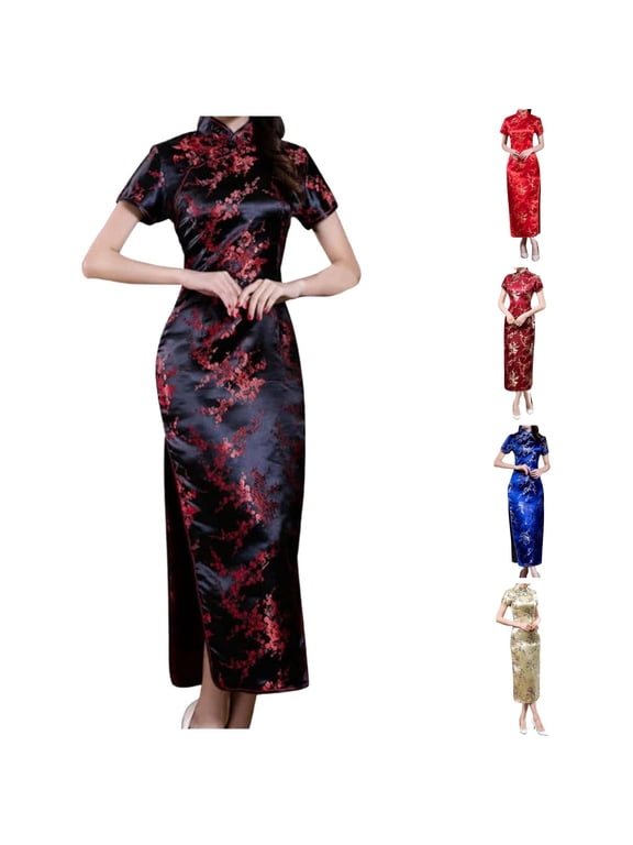 Women's Slit Gown Short‑Sleeve Floral‑Print Qipao Maxi Dress Party Gown, Sizes XXL
