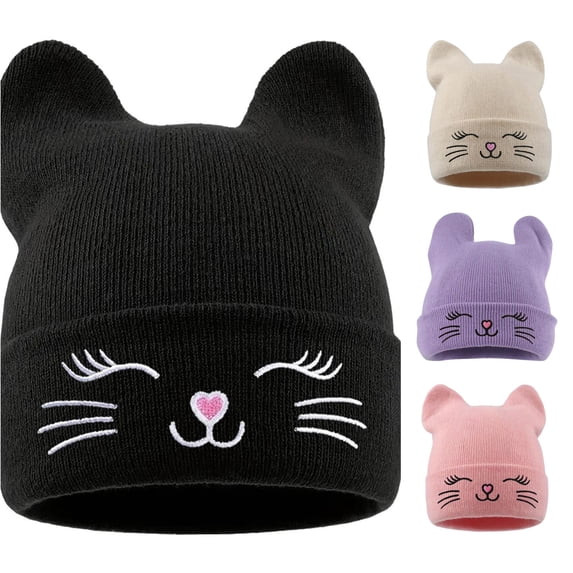 XIAOCHA Women's Snug Fall‑Winter Beanie,Cat‑Face‑Embroidered Hats,Daily Outdoor Headwear,Black
