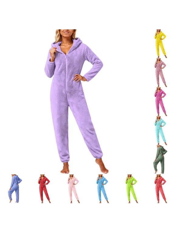 Women's Solid Bear Ear Onesie Hooded Long Sleeve Zip Up Sleep Jumpsuit