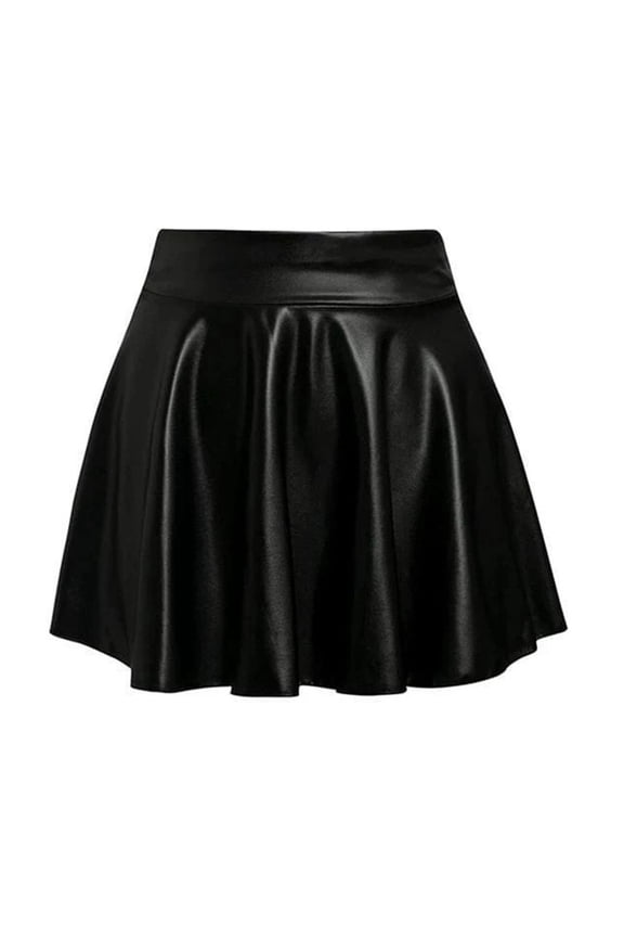 Women's Solid Color Leather Mini Skirt High Waist Flared Skirt Edgy Casual Club Skirts Black M