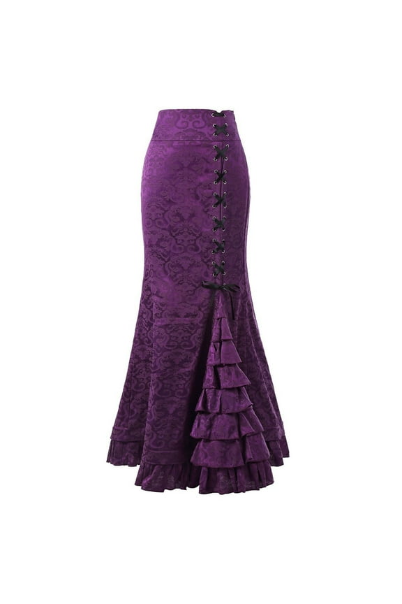 Women's Solid Color Jacquard Maxi Skirt Lace Up Tiered Ruffle Skirt Dramatic Gothic Party Skirts Purple