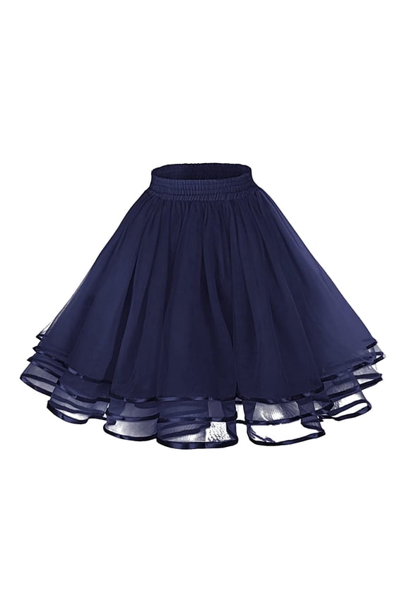 Women's Solid Color Tulle Petticoat Fluffy Layered Ruffle Skirt Retro Party Prom Skirts Navy