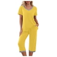 thumbnail image 1 of XIAOCHA Women's Solid Contrast Trim Pajama Set Loose Short Sleeve V Neck Sleepwear Soft Casual Sleep Pajamas Set, 1 of 9