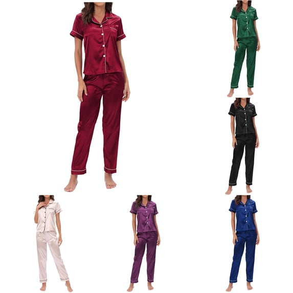 XIAOCHA Women's Solid Pajama Set Short Sleeve Button Straight Pant Night Suit