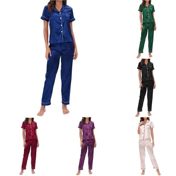 XIAOCHA Women's Solid Pajama Set Short Sleeve Button Straight Pant Night Suit