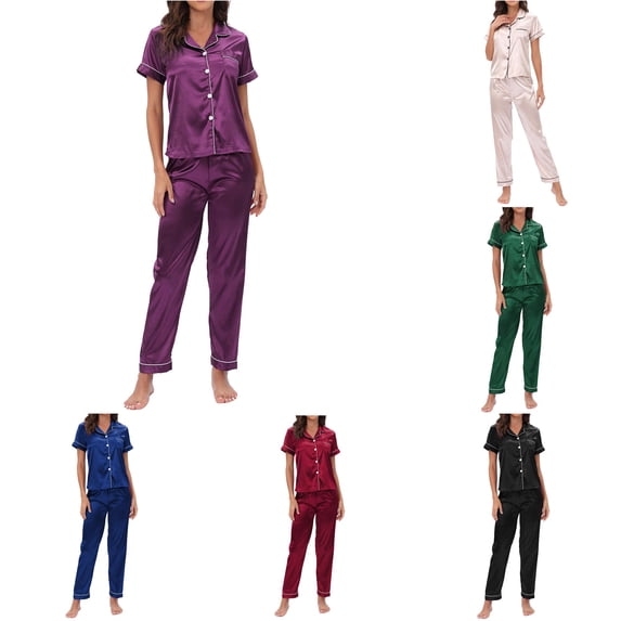 XIAOCHA Women's Solid Pajama Set Short Sleeve Button Straight Pant Night Suit