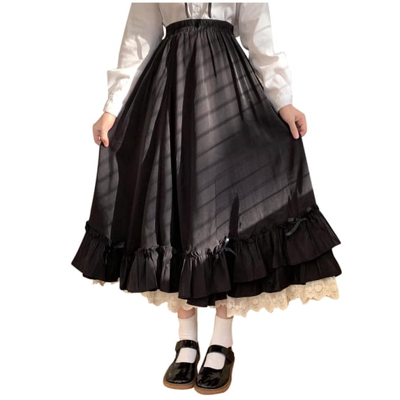 XIAOCHA Women's Solid Skirt High Waisted Elastic Ruffle Lace Trim Maxi Skirt Sweet Casual Skirts