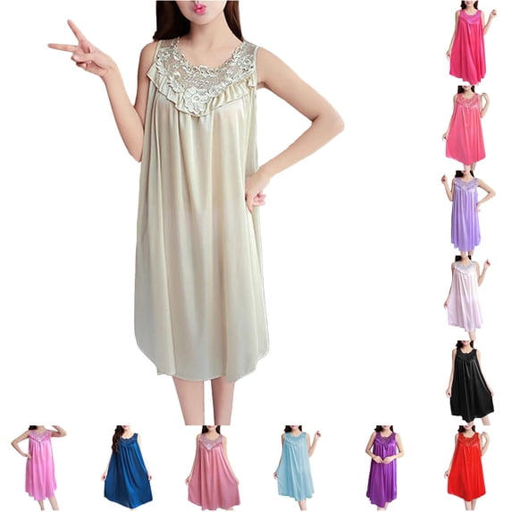 XIAOCHA Women's Solid Sleeveless Nightgown Loose Fit Lace Collar Sleep Dress