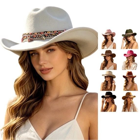 XIAOCHA Women's Solid Wide Brim Cowboy Hat Rodeo Cattleman Wide Brim Western Hat Farm Western Cowgirl Hat,White