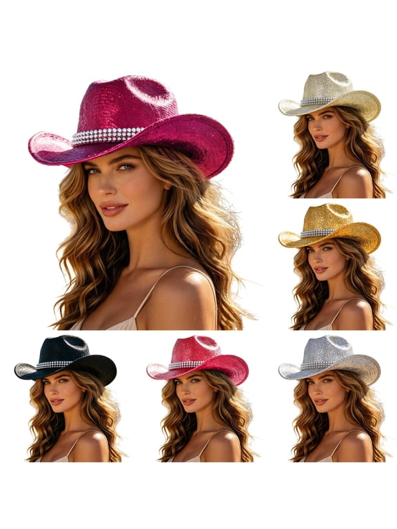 Women's Sparkly Cowboy Hat Wide Brim Sun Protection Rodeo Cowgirlhat Outdoor Horse Riding Wide Brim Western Hat,Hot Pink
