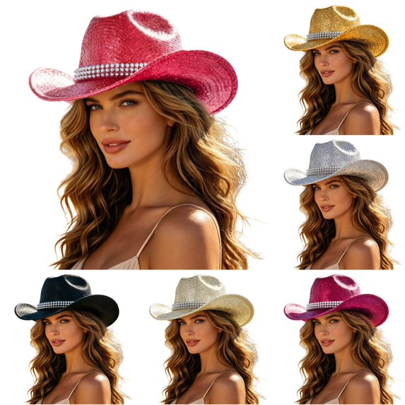 XIAOCHA Women's Sparkly Cowboy Hat Wide Brim Sun Protection Rodeo Cowgirlhat Outdoor Horse Riding Wide Brim Western Hat,Pink