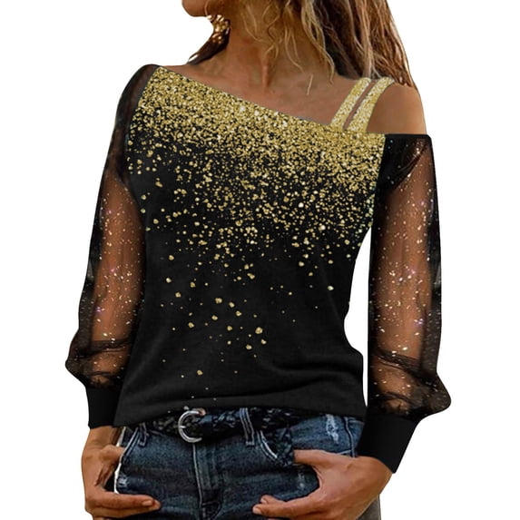 XIAOCHA Women's Sparkly Glitter Blouse Asymmetric Neck Sheer Mesh Sleeve Top Eye Catching Glam Party Going Out Shirt