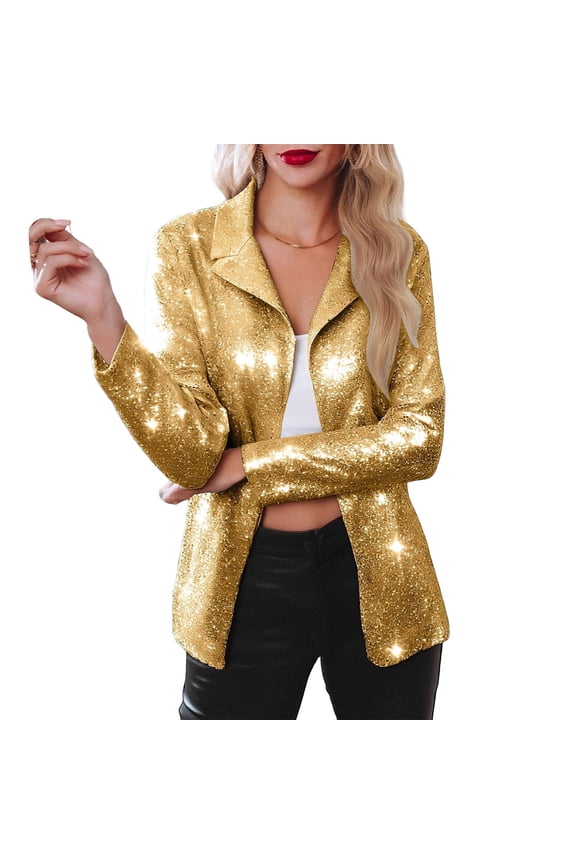 Women's Sparkly Sequin Blazer Open Front Long Sleeve Casual Jacket Eye Catching Glam Party Going Out Top