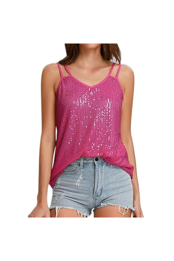 Women's Sparkly Sequin Camisole V Neck Double Spaghetti Strap Asymmetrical Hem Tank Top Eye Catching Glam Party Going Out Shirt