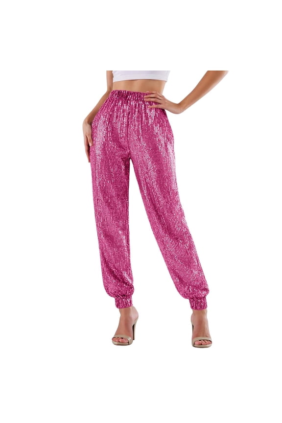 Women's Sparkly Sequin Pants Jogger Full-Length Elastic Waist Trousers Shiny Glamorous Party Bottoms