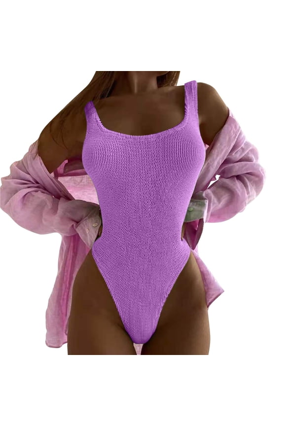 Women's Square Neck Crinkle One Piece Swimsuit Sleeveless High Cut Stretch Beach Bathing Suit
