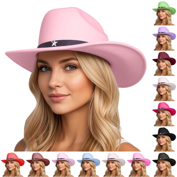 XIAOCHA Women's Star Charm Wool Cowboy Hat Solid Outdoor Farm Wide Brim Western Hat,Pink