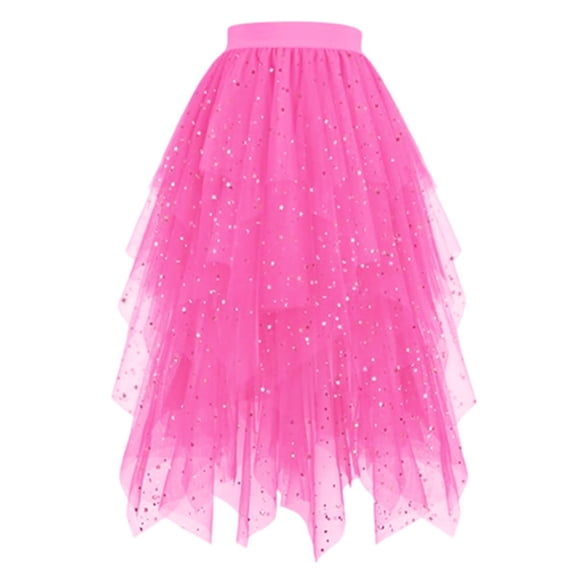 XIAOCHA Women's Star Glitter Tulle Skirt High Low Layered Elastic Waist Party Evening Skirts