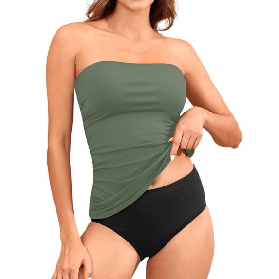 XIAOCHA Women's Strapless Bandeau Tankini Top Solid Ruched Tummy Control Beach Pool Swimwear