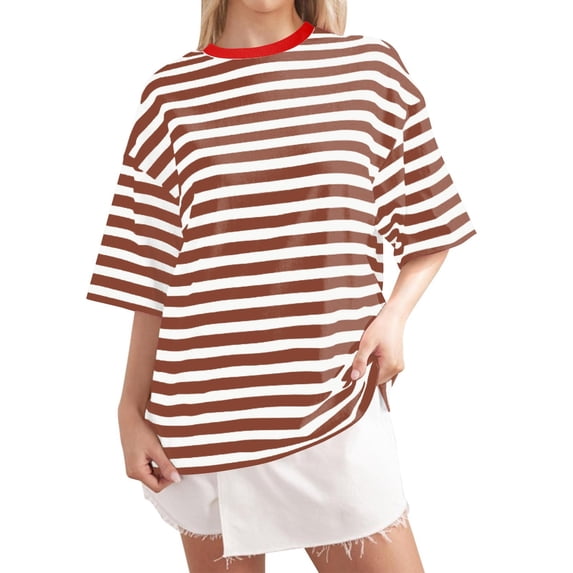 XIAOCHA Women's Striped T Shirt Oversized Contrast Neck Tee Breathable Casual Everyday Top