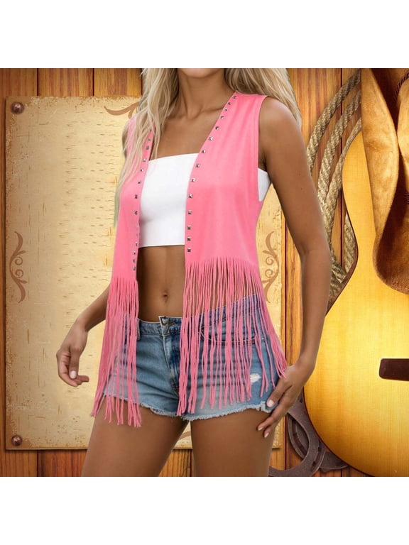 Women's Studded Fringe Open Vest Open Front Concert Casual Sleeveless Waistcoat