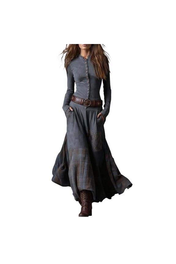 Women's Suede Maxi Dress Button Front Long Sleeve Plaid Patchwork Dress Boho Vintage Western Festival Dress