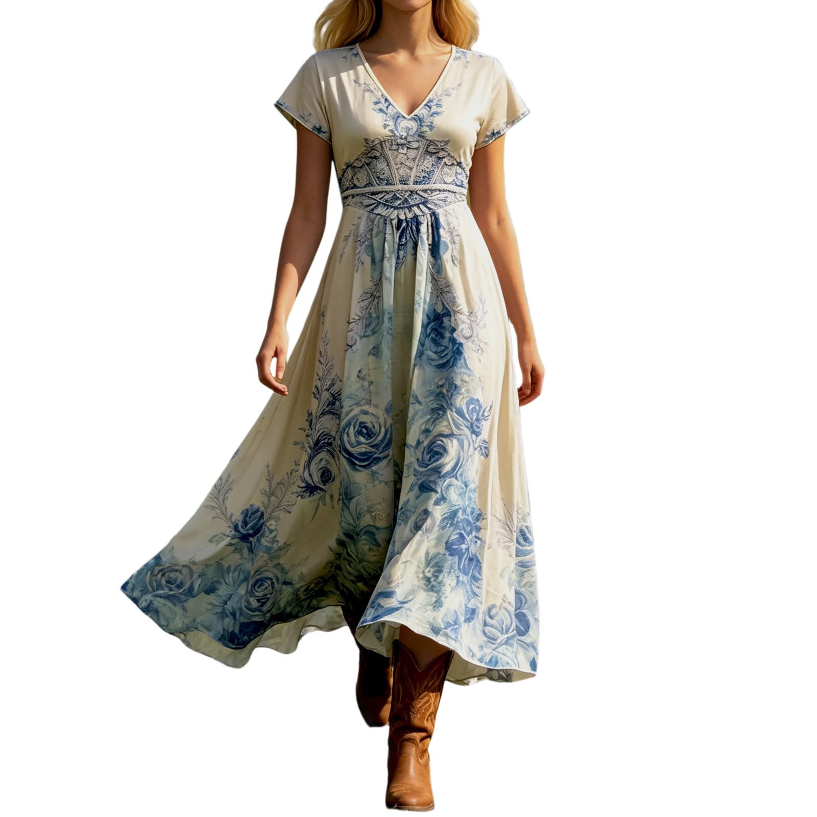XIAOCHA Women's Summer Boho Midi Dress Short Sleeve V Neck Floral Print Outdoor Flowy Swing Gown
