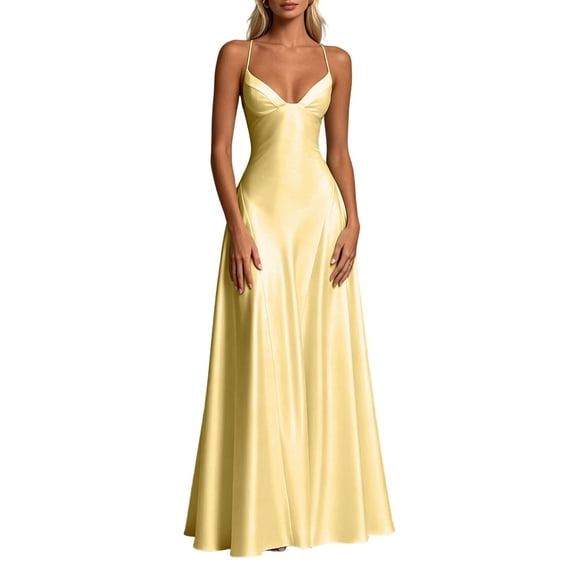 XIAOCHA Women's Summer Elegant Maxi Dress V Neck Thin Spaghetti Strap Satin Solid Flowy Floor Evening Gown