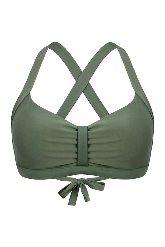 Women's Supportive Crossback Swim Bra Ruched Adjustable Tie Back Beach Pool Bikini Top