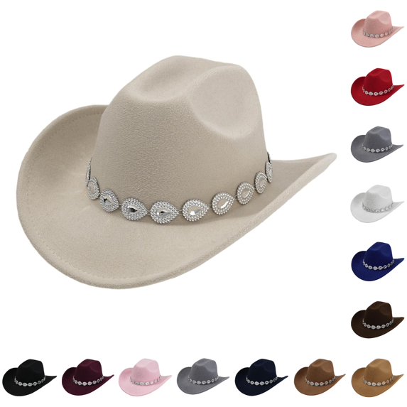 XIAOCHA Women's Teardrop‑Rhinestone Band Cowboy Hat Solid Rodeo Horse‑Riding Cowgirl Hat,Beige