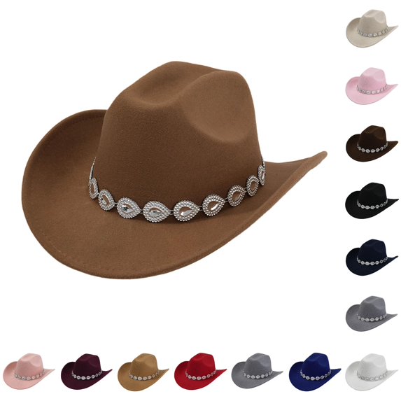 XIAOCHA Women's Teardrop‑Rhinestone Band Cowboy Hat Solid Rodeo Horse‑Riding Cowgirl Hat,Brown