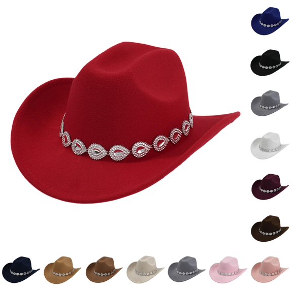 XIAOCHA Women's Teardrop‑Rhinestone Band Cowboy Hat Solid Rodeo Horse‑Riding Cowgirl Hat,Red