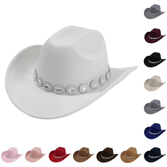 XIAOCHA Women's Teardrop‑Rhinestone Band Cowboy Hat Solid Rodeo Horse‑Riding Cowgirl Hat,White