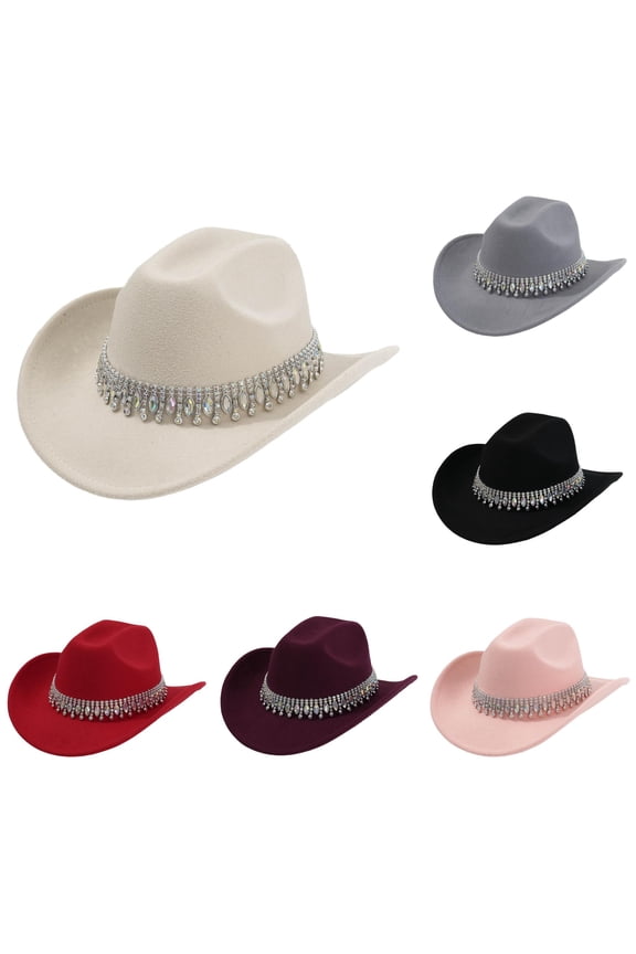 Women's Teardrop Rhinestone Tassel Cowboy Hat Solid Wide‑Brim Western Hats Rodeo Event Cowgirl Hat,Beige