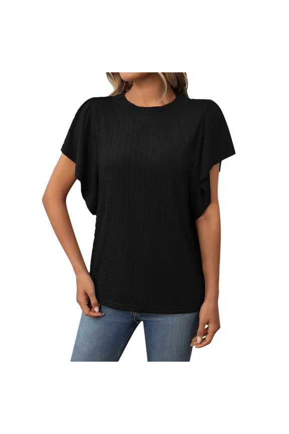 Women's Textured Round Neck Flutter Sleeve T Shirt Casual Wear