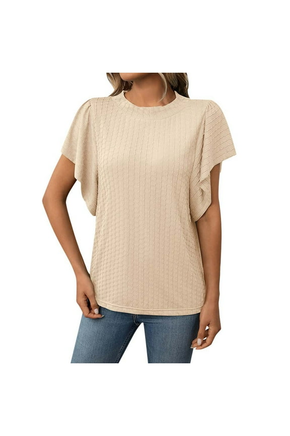 Women's Textured Round Neck Flutter Sleeve T Shirt Casual Wear