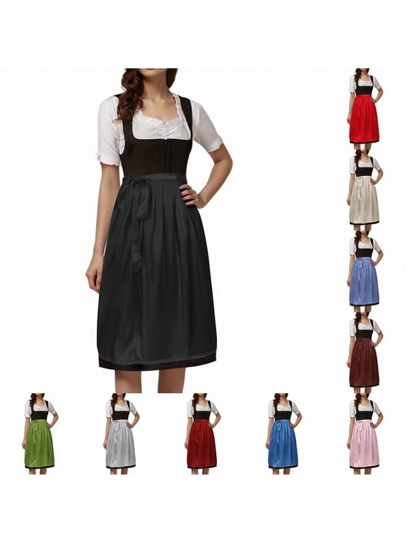 Women's Tie Waist Dirndl Solid Satin Oktoberfest Midi Apron Dresses Casual Bottoms,Black,Sizes M