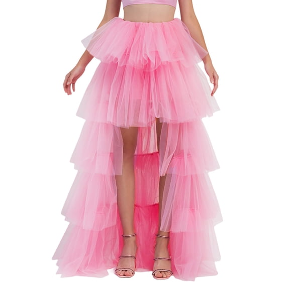 XIAOCHA Women's Tiered High-Low Flowy Skirt Elegant Formal Party Floor-Length Ruffled Skirt