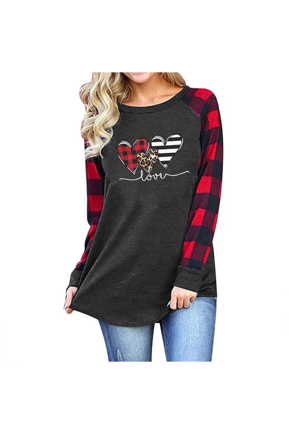 XIAOCHA Women's Trendy Love Graphic Tunic Top Raglan Sleeve Plaid Leopard Heart Print Tunic Top Casual Daily Wear Long Sleeve Top