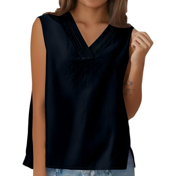 XIAOCHA Women's V Neck Linen Blend Sleeveless Blouse Loose Fit Casual T-Shirt Top Comfortable Breathable Summer Tee