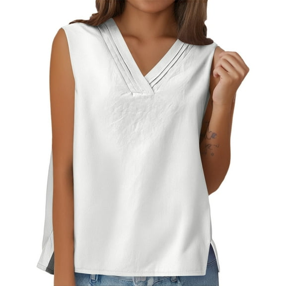XIAOCHA Women's V Neck Linen Blend Sleeveless Blouse Loose Fit Casual T-Shirt Top Comfortable Summer Tee