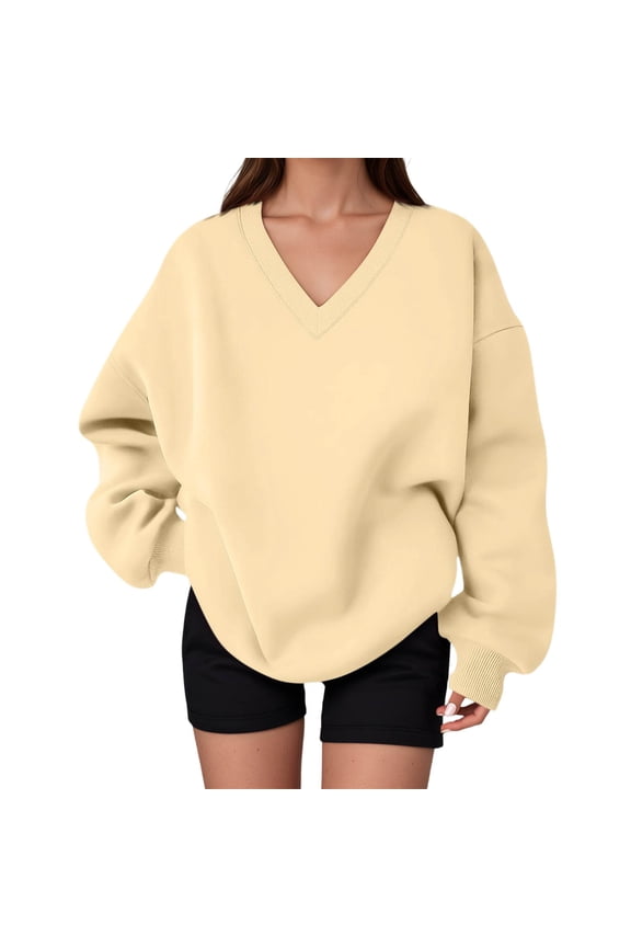 Women's Oversized V-Neck Sweatshirts Relaxed Fit Drop Shoulder Pullover Soft Casual Everyday Top