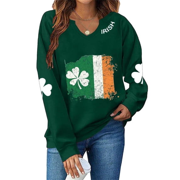 XIAOCHA Women's V Neck Sweatshirt Irish Flag Shamrock Print Long Sleeve Holiday Pullover Top, Green, Sizes XXXXXL