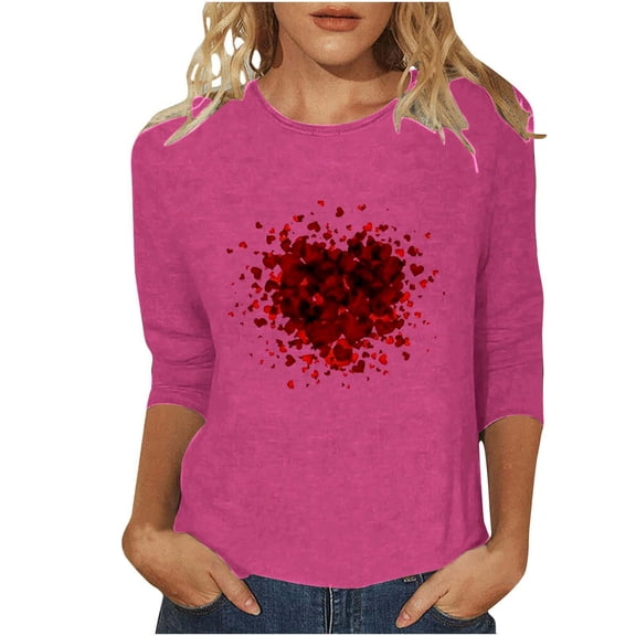 XIAOCHA Women's Valentine's Day Heart Print Casual T-Shirt Crew neck Quarter Sleeve Blouse Top for Everyday Wear