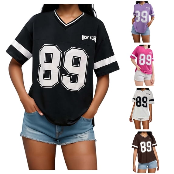XIAOCHA Women's Varsity Number Graphic T-Shirt V Neck Short Sleeve Tees Street athletic Pullover Top, Sizes L
