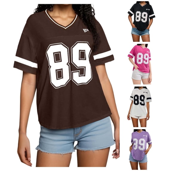 XIAOCHA Women's Varsity Number Graphic T-Shirt V Neck Short Sleeve Tees Street athletic Pullover Top, Sizes L