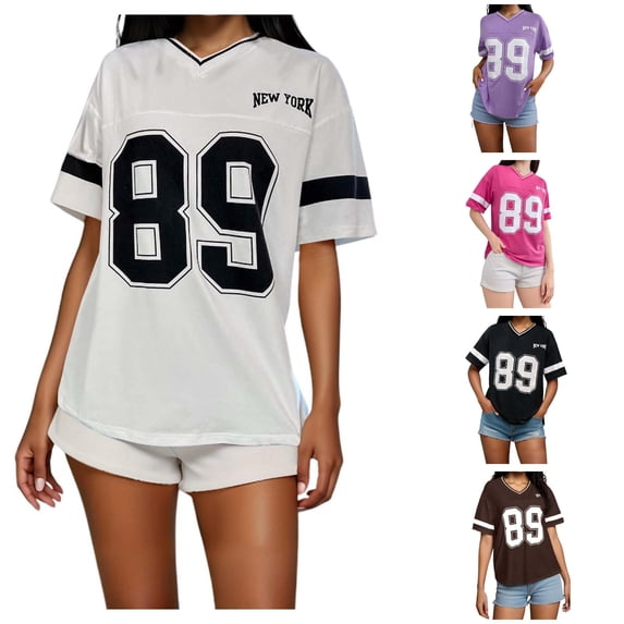 XIAOCHA Women's Varsity Number Graphic T-Shirt V Neck Short Sleeve Tees Street athletic Pullover Top, Sizes L