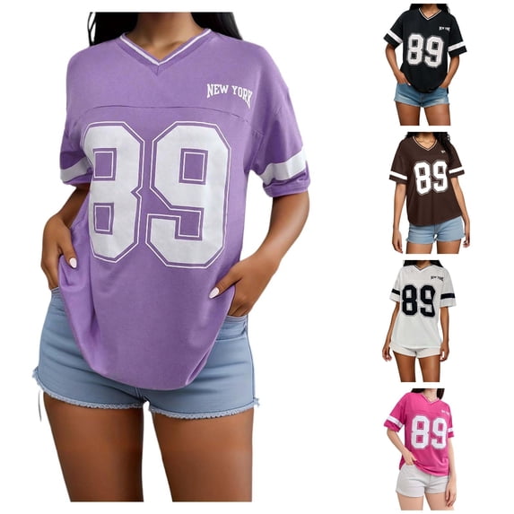 XIAOCHA Women's Varsity Number Graphic T-Shirt V Neck Short Sleeve Tees Street athletic Pullover Top, Sizes M